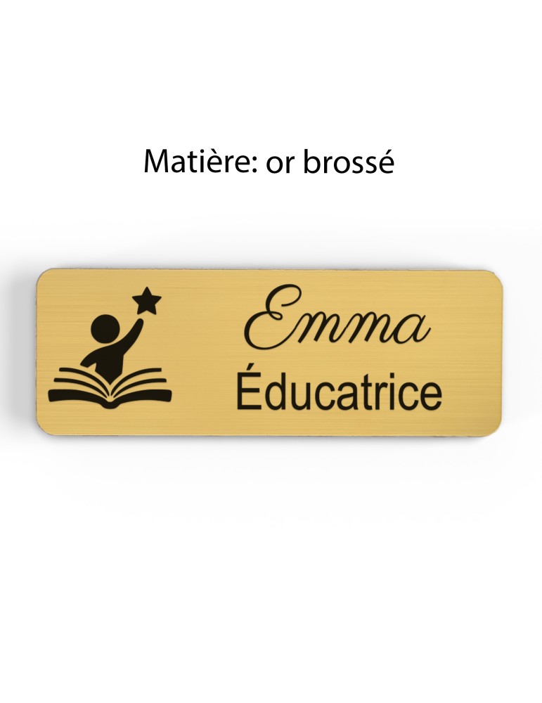 Badge personnalisé éducatrice, motif éducation et développement de l'enfant, finition or brossé