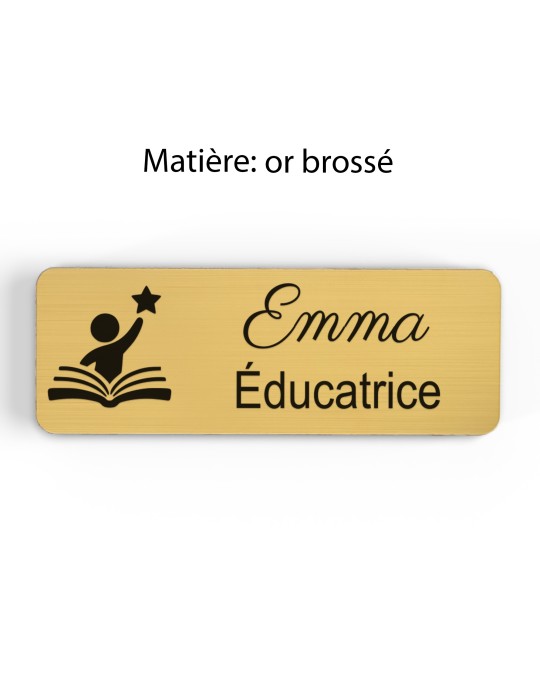 Badge personnalisé éducatrice, motif éducation et développement de l'enfant, finition or brossé