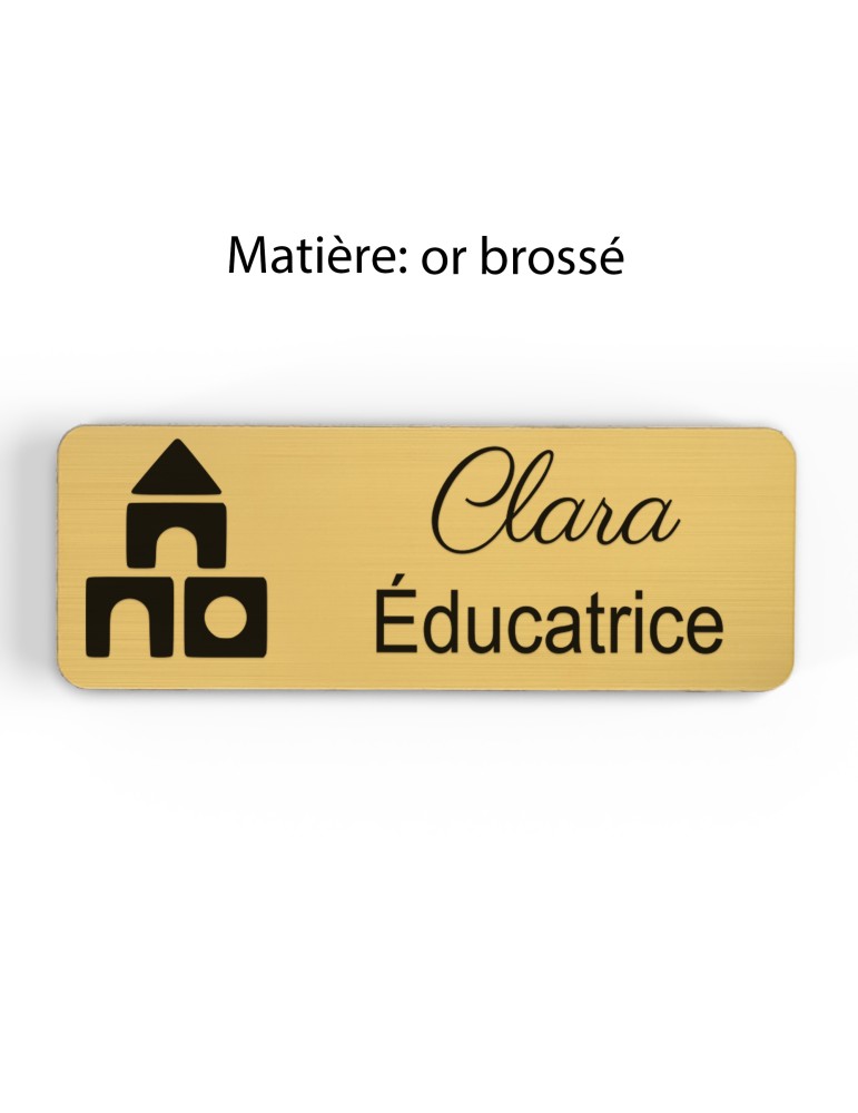 Badge personnalisé éducatrice, motif éducation et développement de l'enfant, finition or brossé