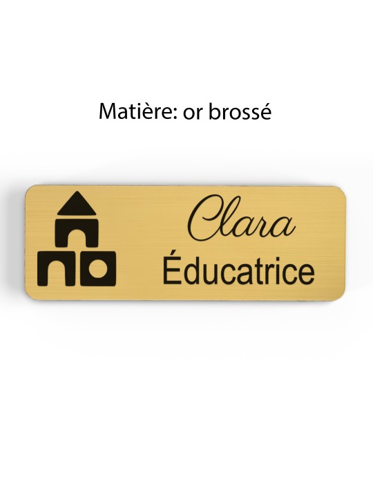Badge personnalisé éducatrice, motif éducation et développement de l'enfant, finition or brossé