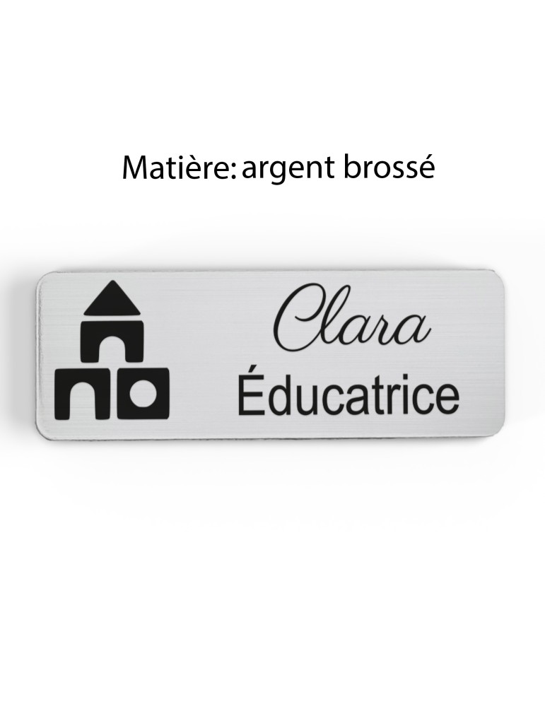 Badge personnalisé éducatrice, motif éducation et développement de l'enfant, finition argent brossé