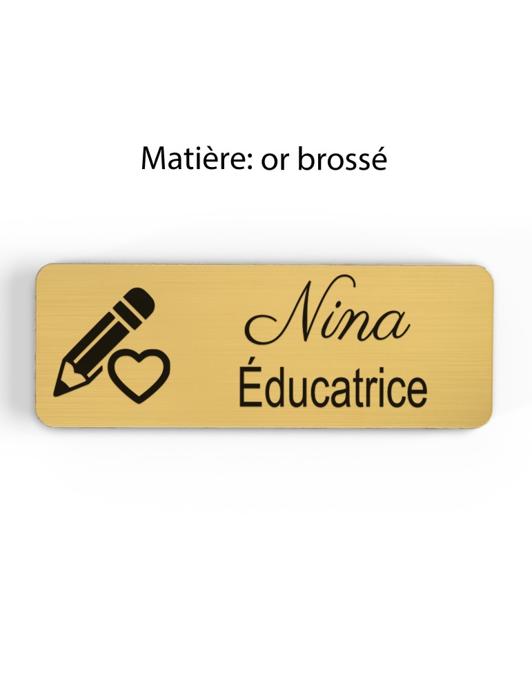Badge personnalisé éducatrice, motif éducation et développement de l'enfant, finition or brossé