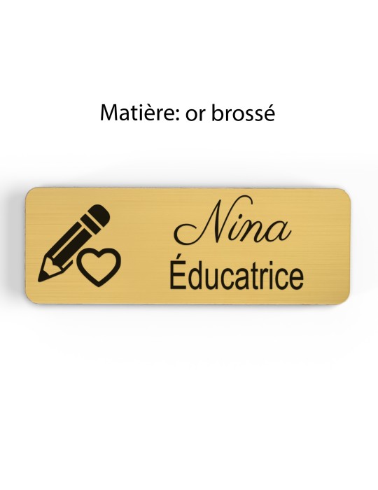 Badge personnalisé éducatrice, motif éducation et développement de l'enfant, finition or brossé