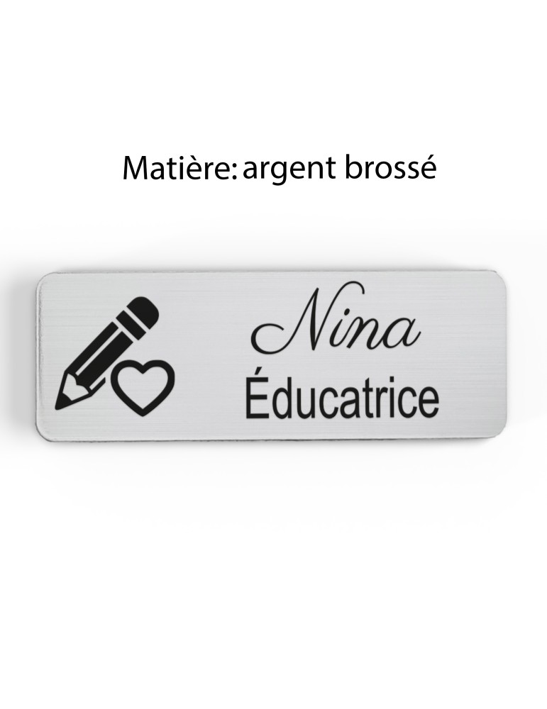 Badge personnalisé éducatrice, motif éducation et développement de l'enfant, finition argent brossé