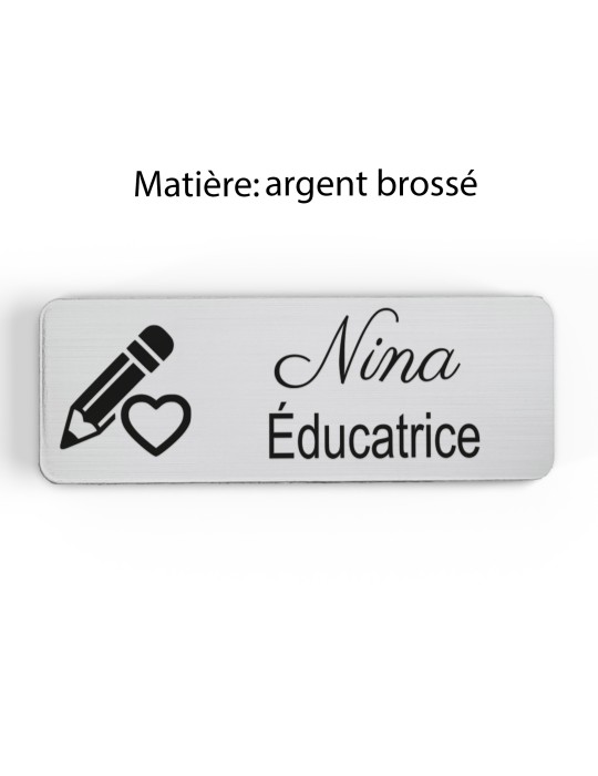 Badge personnalisé éducatrice, motif éducation et développement de l'enfant, finition argent brossé