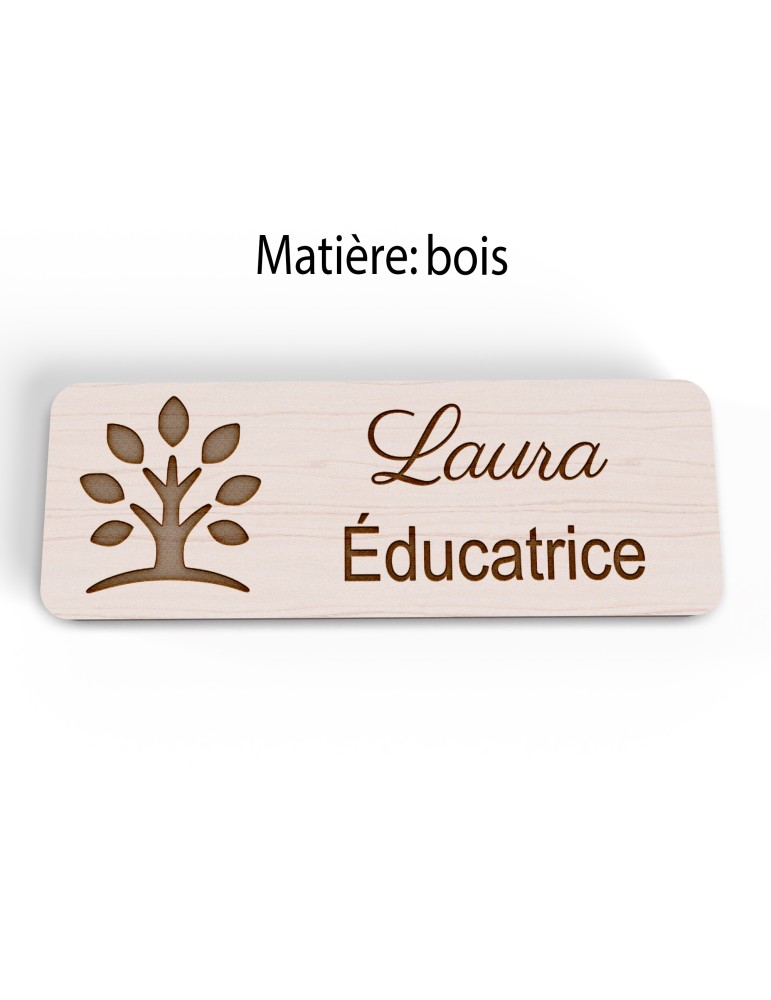 Badge personnalisé éducatrice, motif éducation et développement de l'enfant, version bois vue à plat