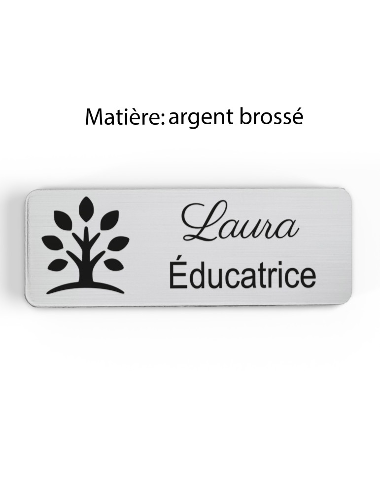 Badge personnalisé éducatrice, motif éducation et développement de l'enfant, finition argent brossé