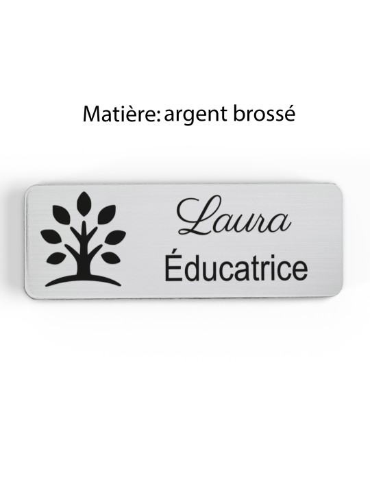 Badge personnalisé éducatrice, motif éducation et développement de l'enfant, finition argent brossé