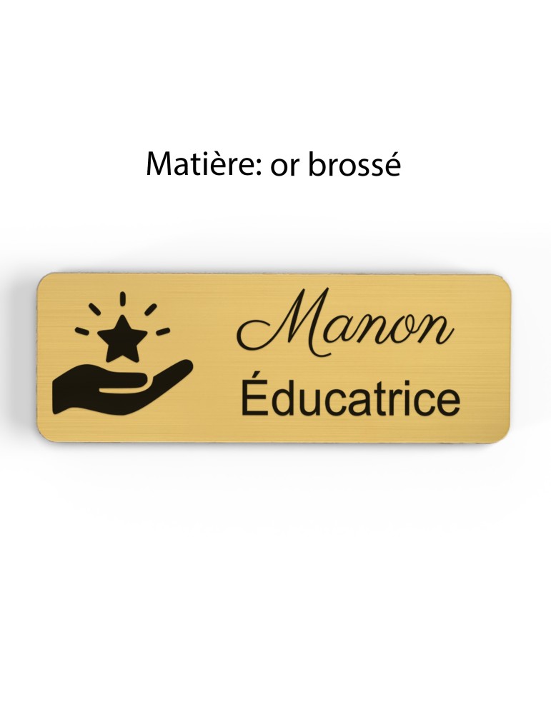Badge personnalisé éducatrice, motif éducation et développement de l'enfant, finition or brossé