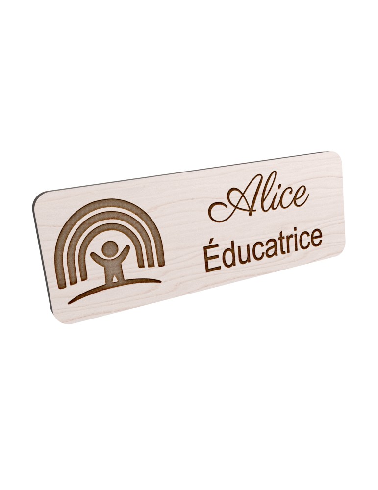 Badge personnalisé éducatrice, motif éducation et développement de l'enfant, vue en biais