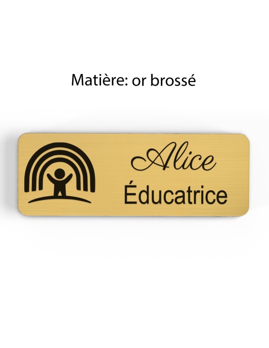 Badge personnalisé éducatrice, motif éducation et développement de l'enfant, finition or brossé