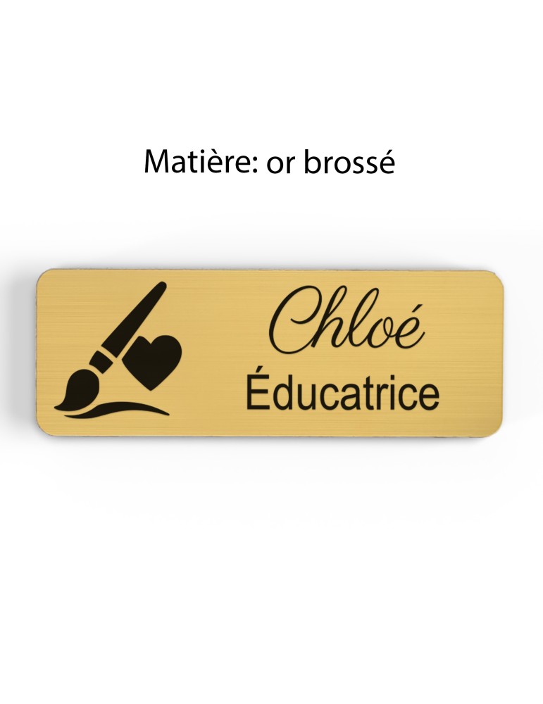 Badge personnalisé éducatrice, motif éducation et développement de l'enfant, finition or brossé