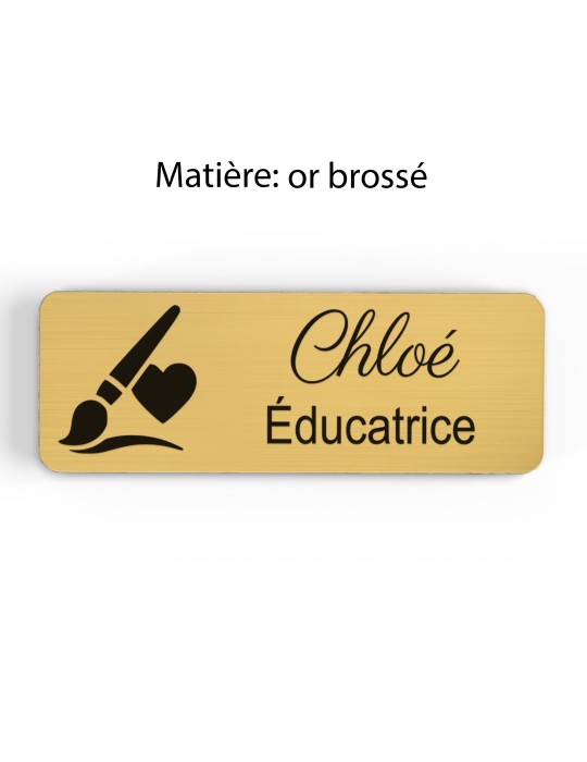 Badge personnalisé éducatrice, motif éducation et développement de l'enfant, finition or brossé