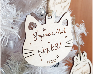 Boule de Noël chat personnalisée en bois joyeux noël chaton