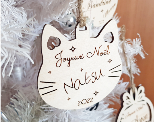 Boule de Noël chat personnalisée en bois joyeux noël chaton