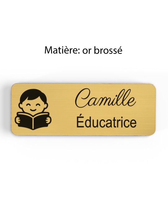 Badge personnalisé éducatrice, motif éducation et développement de l'enfant, finition or brossé