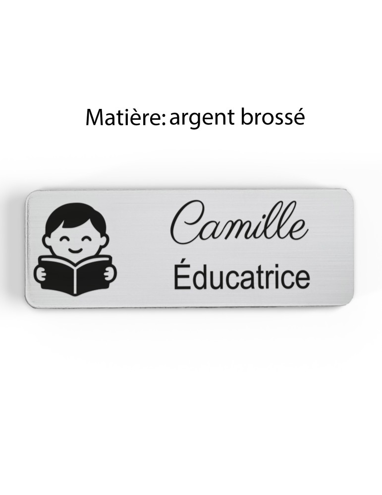 Badge personnalisé éducatrice, motif éducation et développement de l'enfant, finition argent brossé