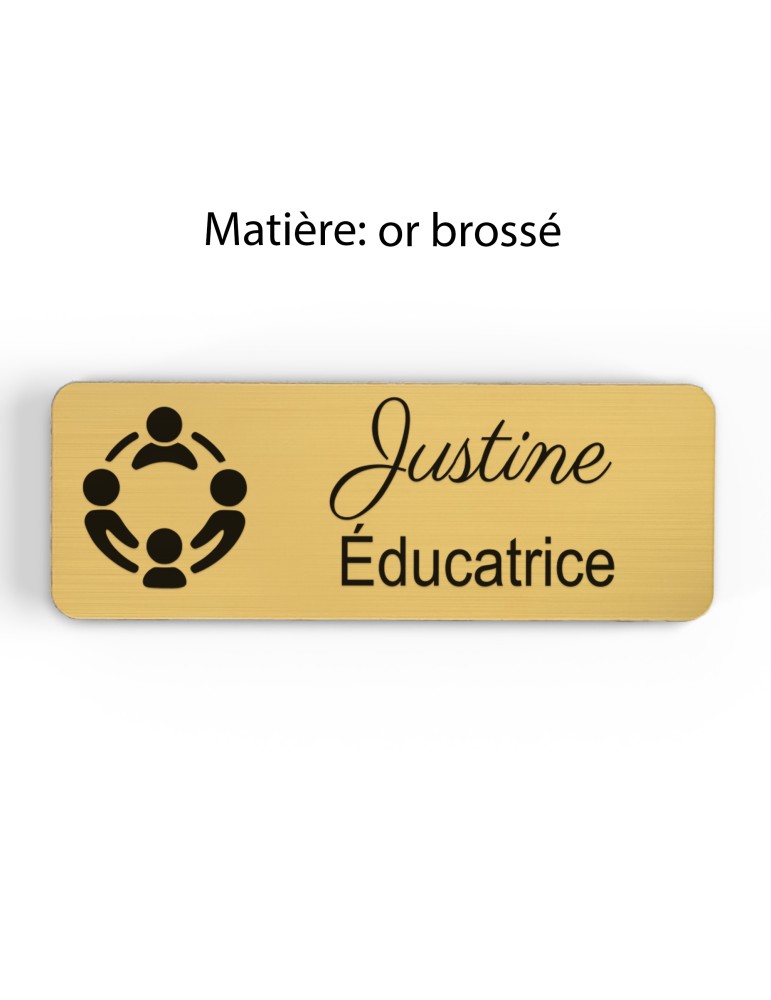 Badge personnalisé éducatrice, motif éducation et développement de l'enfant, finition or brossé
