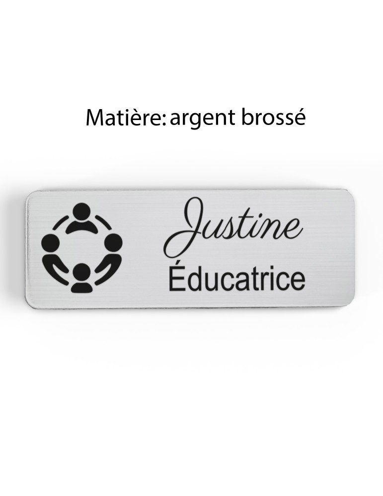 Badge personnalisé éducatrice, motif éducation et développement de l'enfant, finition argent brossé