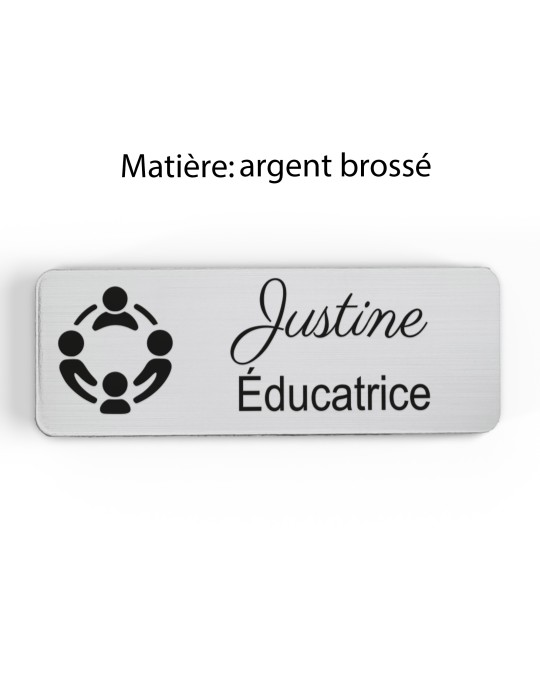 Badge personnalisé éducatrice, motif éducation et développement de l'enfant, finition argent brossé