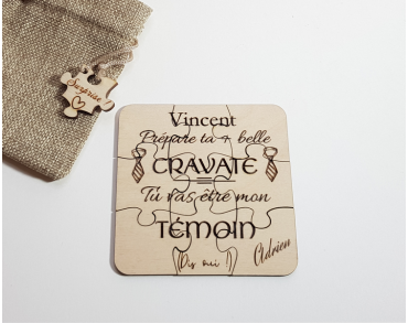 Puzzle carré en bois personnalisé - demande témoin mariage cravate