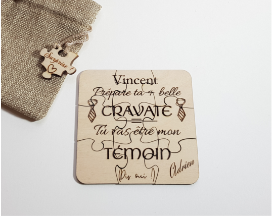 Puzzle carré en bois personnalisé - demande témoin mariage cravate