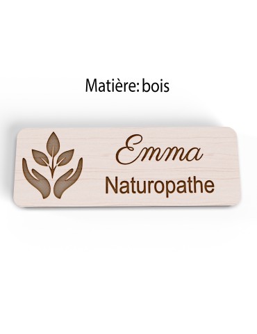 Badge personnalisé naturopathe, motif nature et bien-être, vue en biais 2