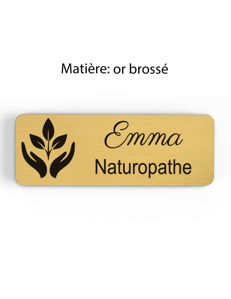 Badge personnalisé naturopathe, motif nature et bien-être, finition or brossé