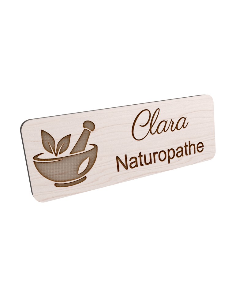 Badge personnalisé naturopathe, motif nature et bien-être, vue en biais