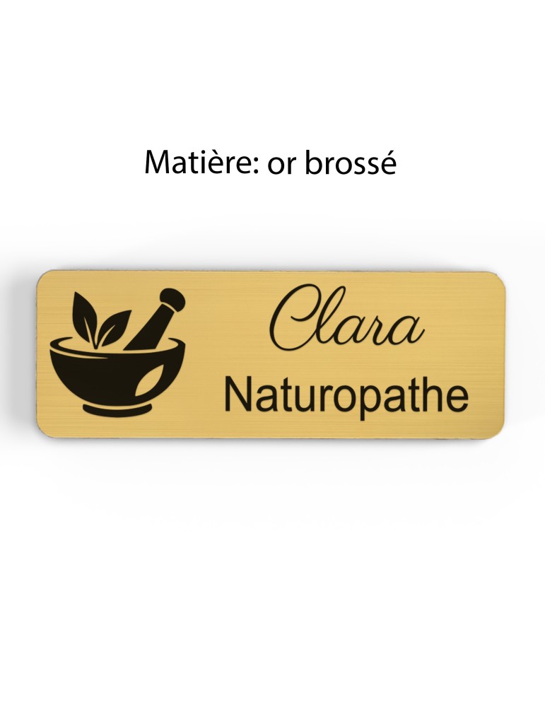 Badge personnalisé naturopathe, motif nature et bien-être, finition or brossé