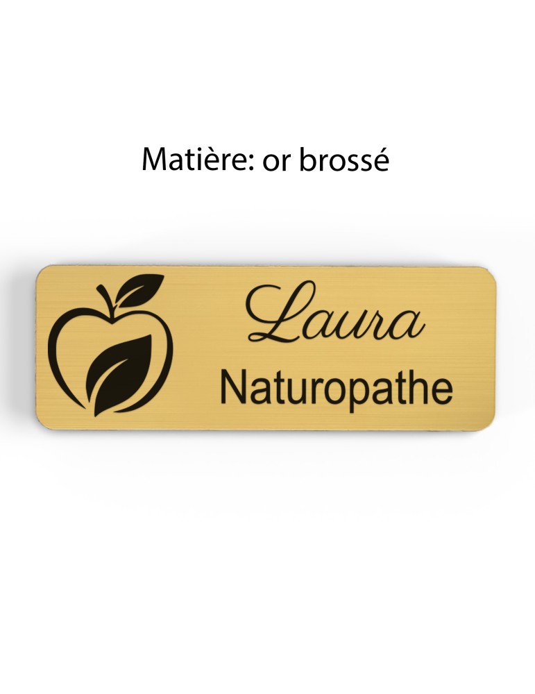 Badge personnalisé naturopathe, motif nature et bien-être, finition or brossé