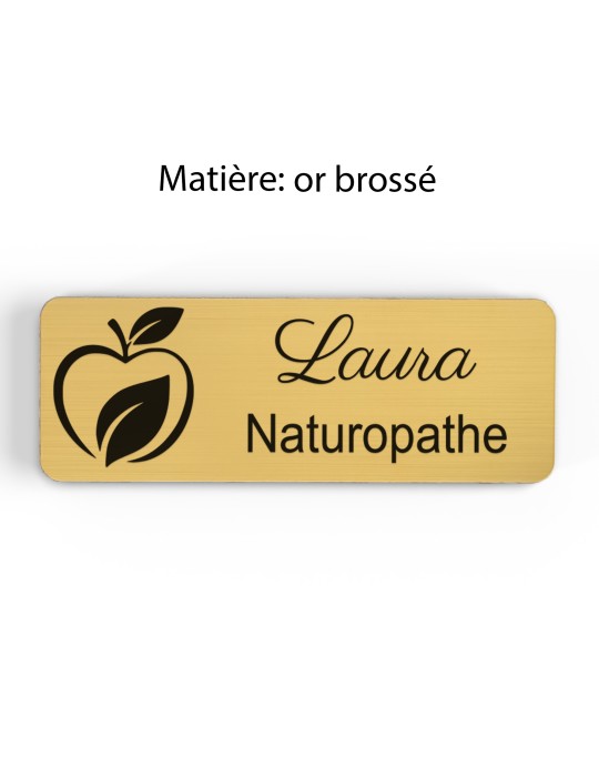 Badge personnalisé naturopathe, motif nature et bien-être, finition or brossé