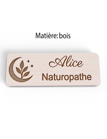 Badge personnalisé naturopathe, motif nature et bien-être, vue en biais 2