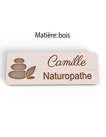 Badge personnalisé naturopathe, motif nature et bien-être, vue en biais 2