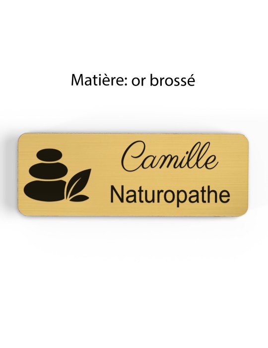 Badge personnalisé naturopathe, motif nature et bien-être, finition or brossé