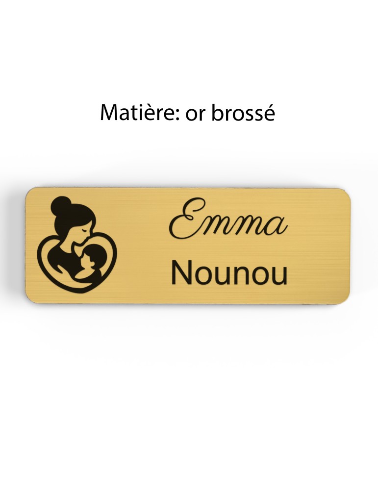 Badge personnalisé nounou, motif enfance et garde à domicile, finition or brossé