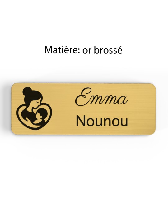 Badge personnalisé nounou, motif enfance et garde à domicile, finition or brossé