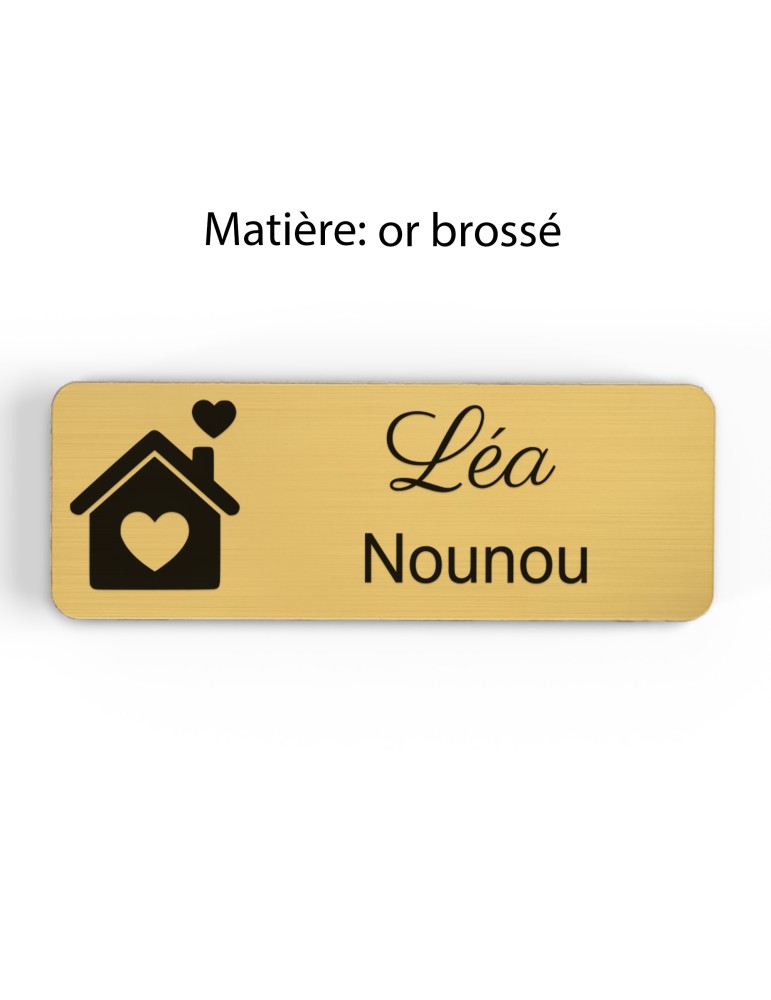 Badge personnalisé nounou, motif enfance et garde à domicile, finition or brossé