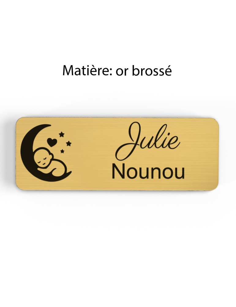 Badge personnalisé nounou, motif enfance et garde à domicile, finition or brossé