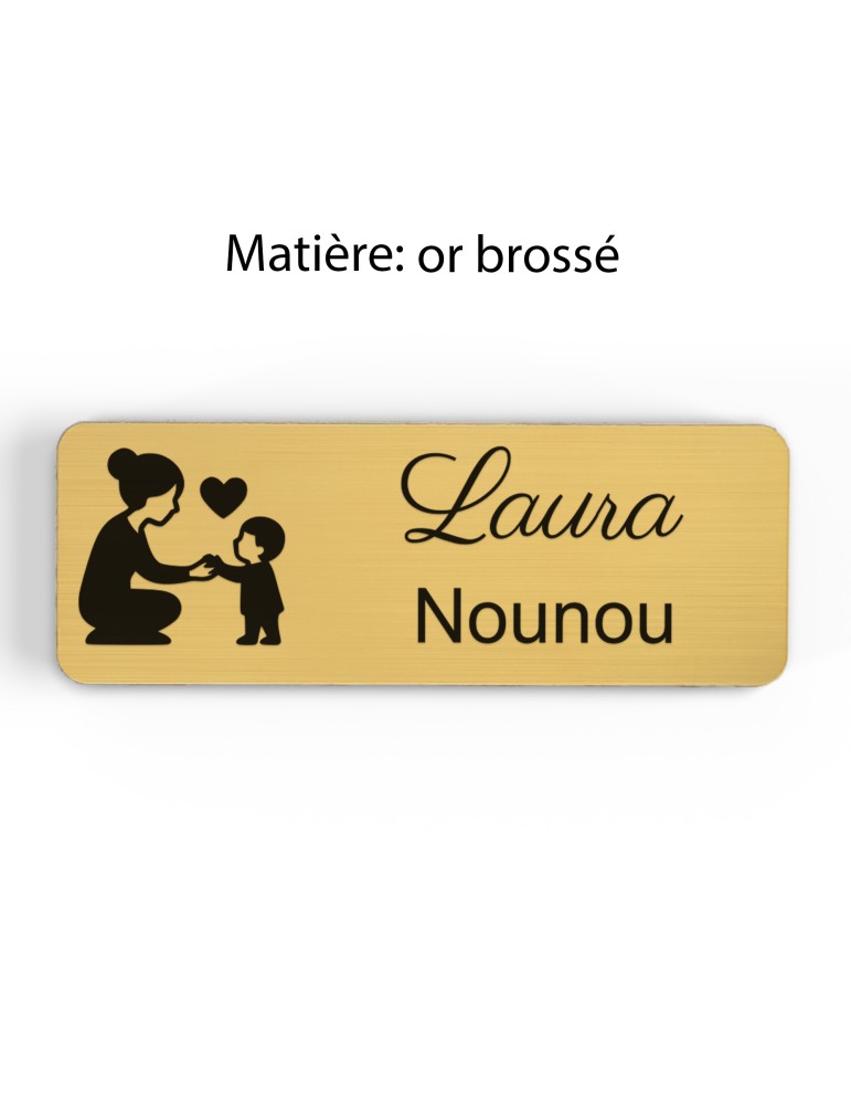 Badge personnalisé nounou, motif enfance et garde à domicile, finition or brossé