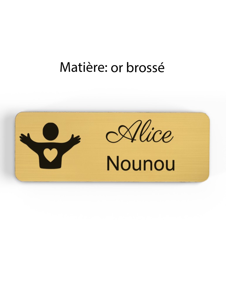 Badge personnalisé nounou, motif enfance et garde à domicile, finition or brossé