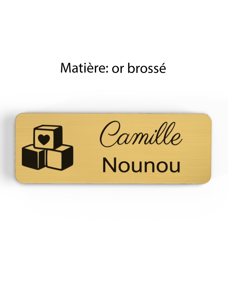 Badge personnalisé nounou, motif enfance et garde à domicile, finition or brossé