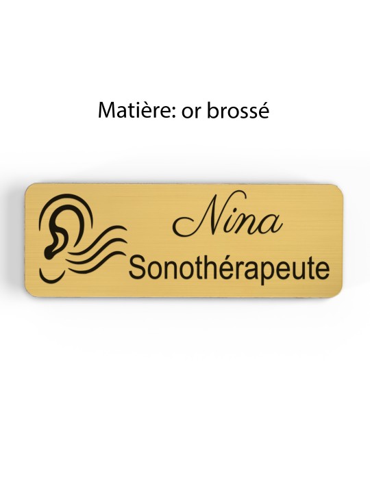 Badge personnalisé sonothérapeute, motif sonothérapie et vibrations sonores, finition or brossé
