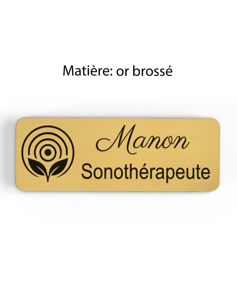 Badge personnalisé sonothérapeute, motif sonothérapie et vibrations sonores, finition or brossé