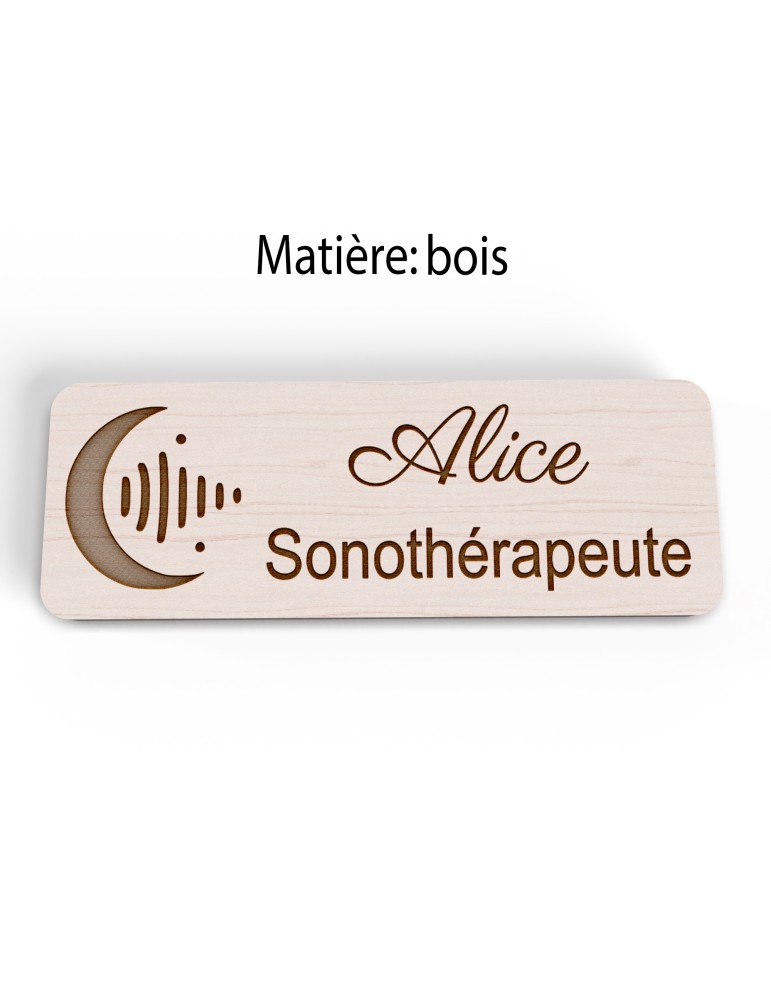 Badge personnalisé sonothérapeute, motif sonothérapie et vibrations sonores, version bois vue à plat