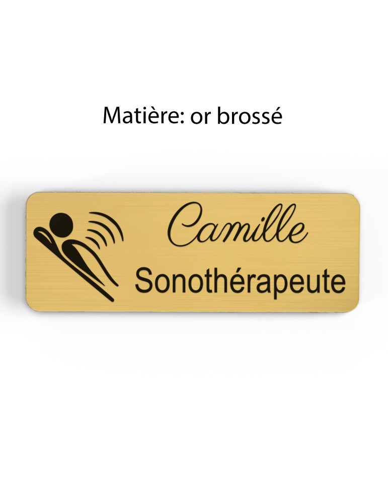 Badge personnalisé sonothérapeute, motif sonothérapie et vibrations sonores, finition or brossé