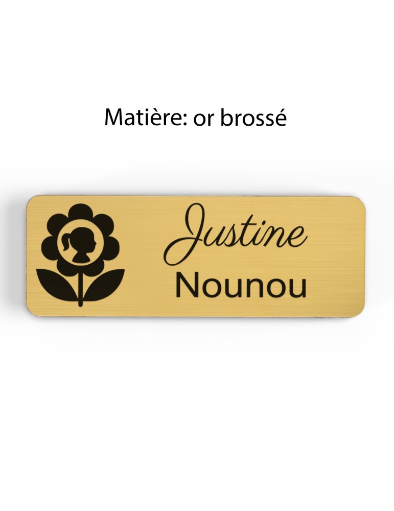 Badge personnalisé nounou, motif enfance et garde à domicile, finition or brossé