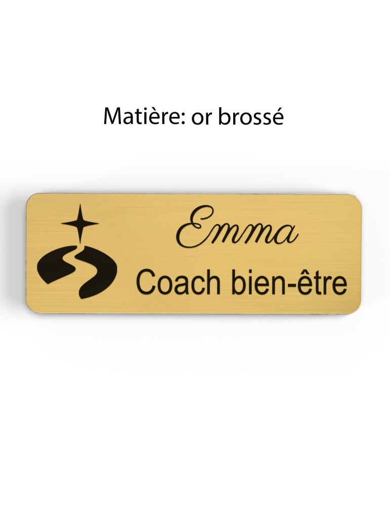 Badge personnalisé coach bien-être, motif coaching et épanouissement, finition or brossé