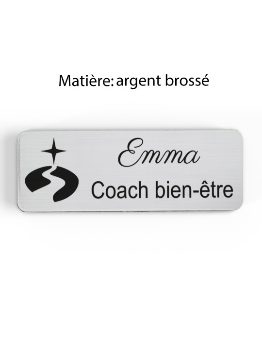 Badge personnalisé coach bien-être, motif coaching et épanouissement, finition argent brossé