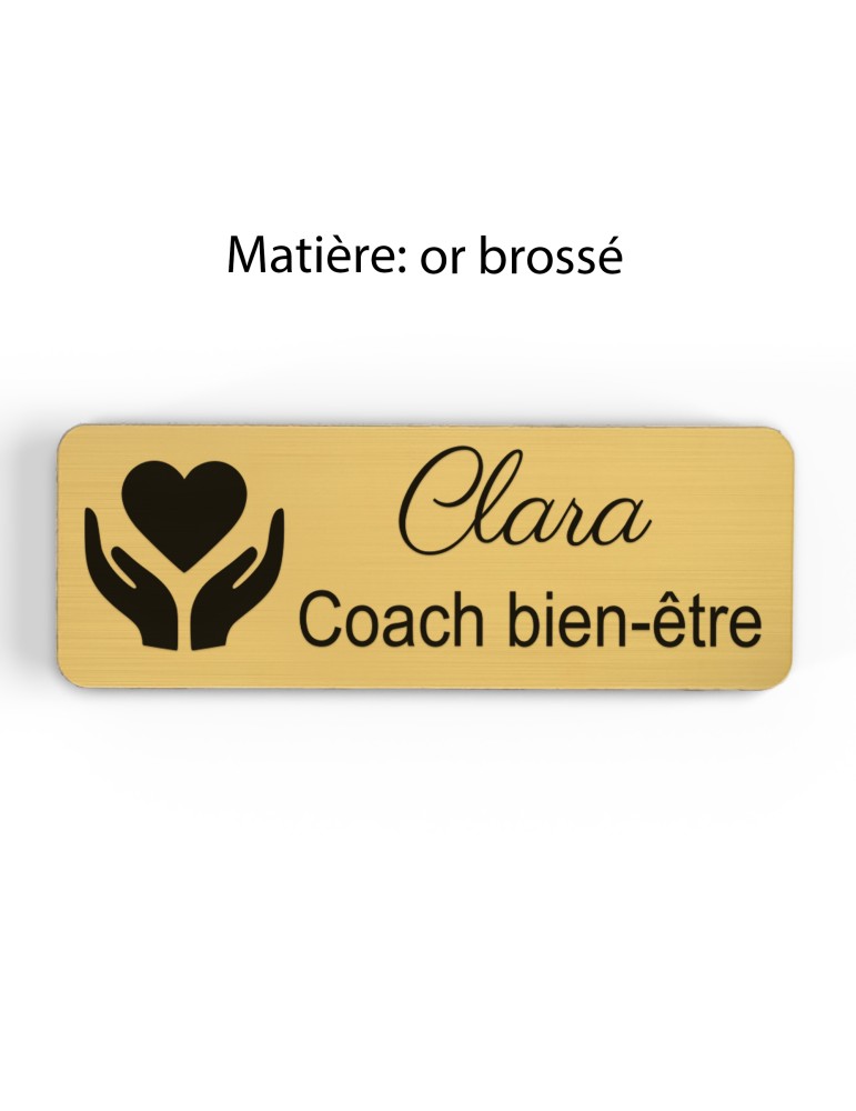 Badge personnalisé coach bien-être, motif coaching et épanouissement, finition or brossé